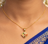 Square Shaped Navratan Yellow Gold Pendant