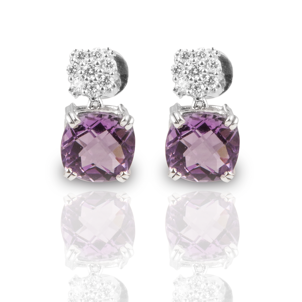 Charming 18K White Gold Diamond & Amethyst Studs