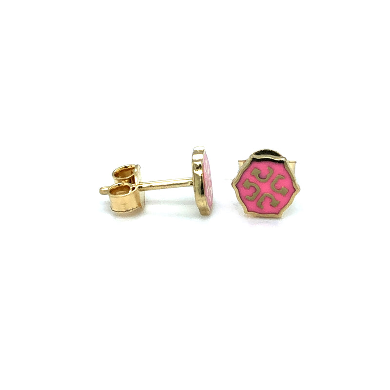 Gold earrings for newborn Flowers with pink zircons | JewelryAndGems.eu
